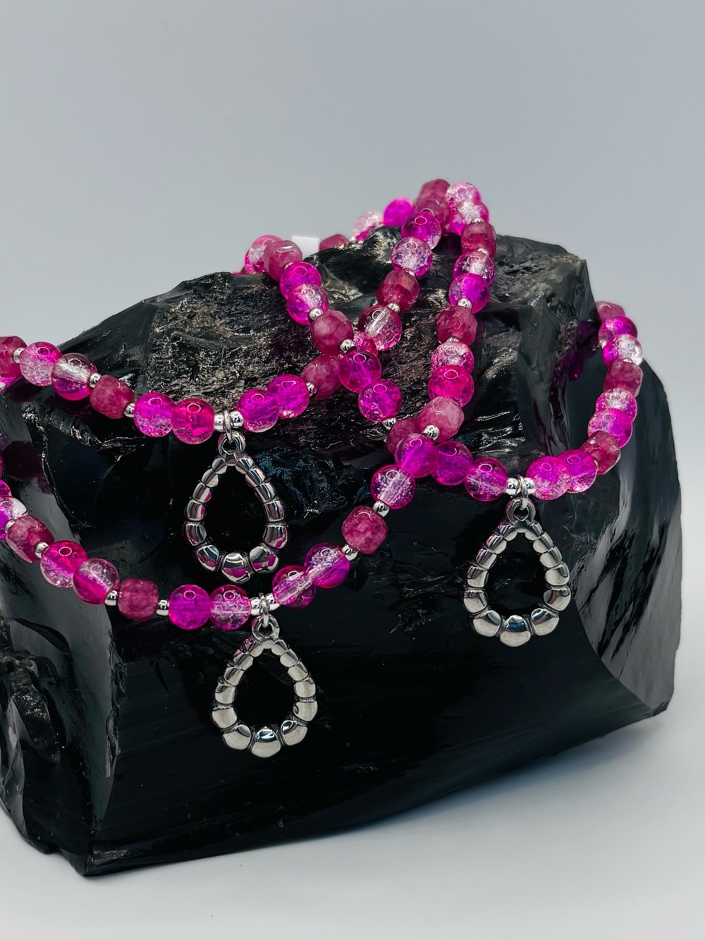 *ANKLET* S.Steel Teardrop & Pink Crackle Stone Stretchy Anklet